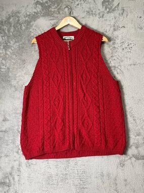 Vintage Aran Crafts Cable Knit Merino Wool Zip Front Sweater Vest Fisherman L